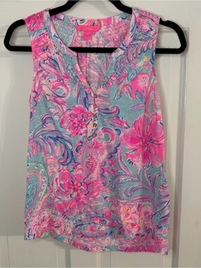 Lilly Pulitzer Pink & Aqua Floral Print Sleeveless V-Neck Camisole